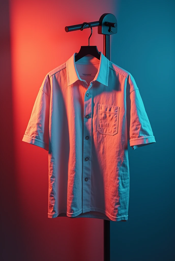 Make and bf for showcase use premium color preset for bg and in front show an hanging dimple shirt on hanger for post remove people and shirt is half sleeves