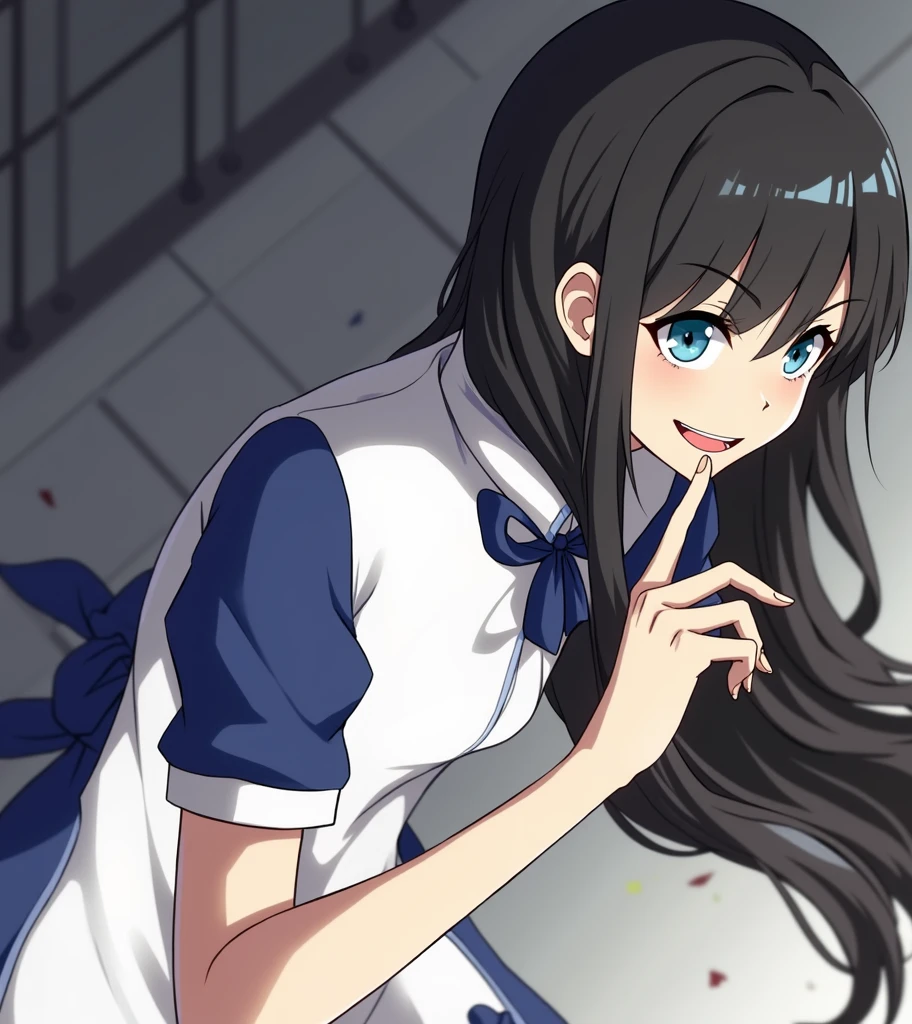 ((masterpiece)), aerial view, Sunset, ((pastel colors)), Ultra detailed, Anime girl with long black hair and blue eyes pointing at something, inspired by Alice Prin, Kage Kage Mamoru anime art style!, picture of ((mischievous)), Alicia from Alicia in wonder land, Alicia's sister, (((evil smile)))