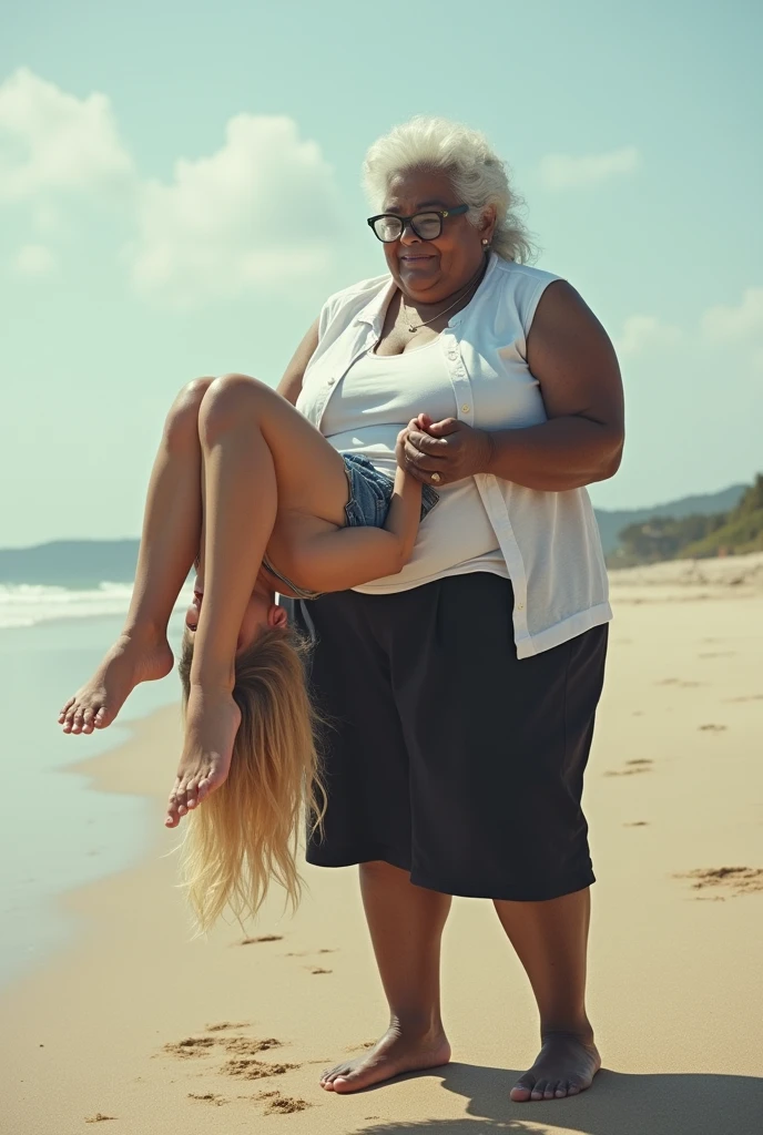 Create a realistic image of an elderly woman, 90 years old, obese, with black and dark skin, wearing a white shirt and black skirt and glasses, lifting the body of a 2 woman from the ground by the waist and lifting it high into the air, with light white skin, blonde hair long, slim body, wearing a white top and short denim shorts on a beach