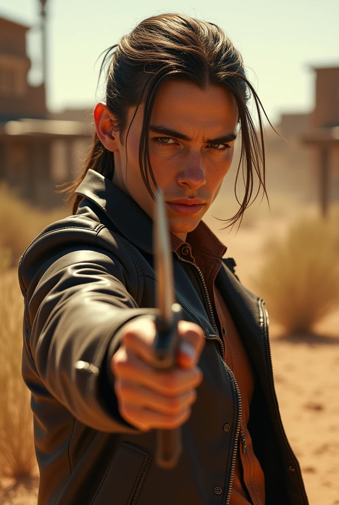 "Very young person of 23 without beard with leather jacket, holding a knife in his hand, in a classic Wild West setting. Hair divided in half, clean face without beard, Striking features. Arid and dusty background, with rolling weeds and a saloon in the distance."