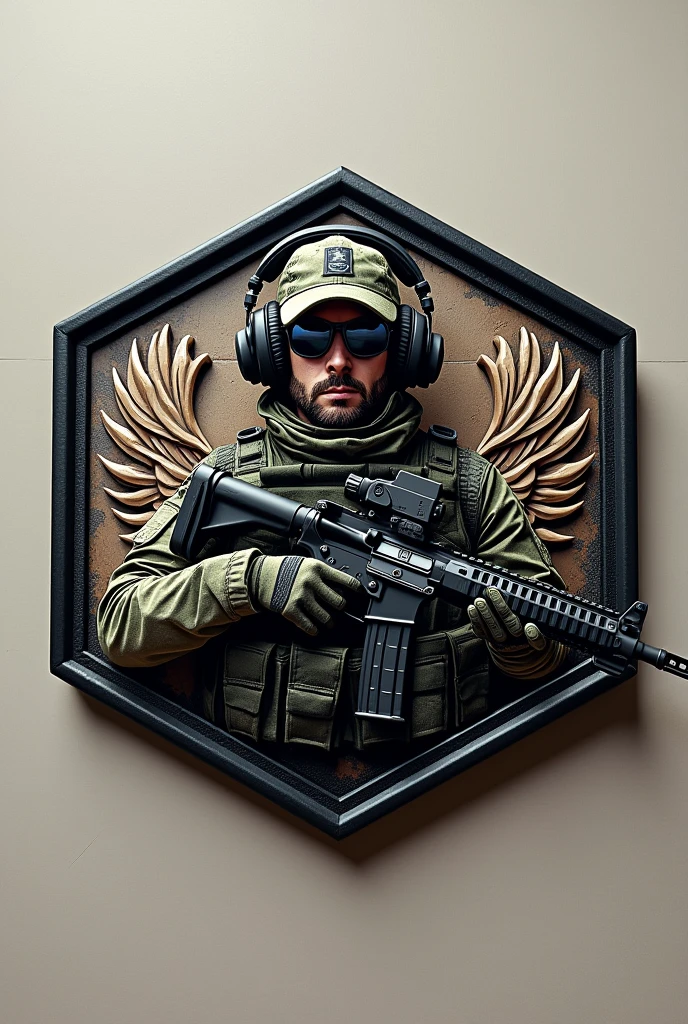 Create Hexagonal Rubber Patch Cliché Image, Military coat of arms, with the name Lukinha Airsoft and an operator carrying an m4 rifle wearing a cap and headphones