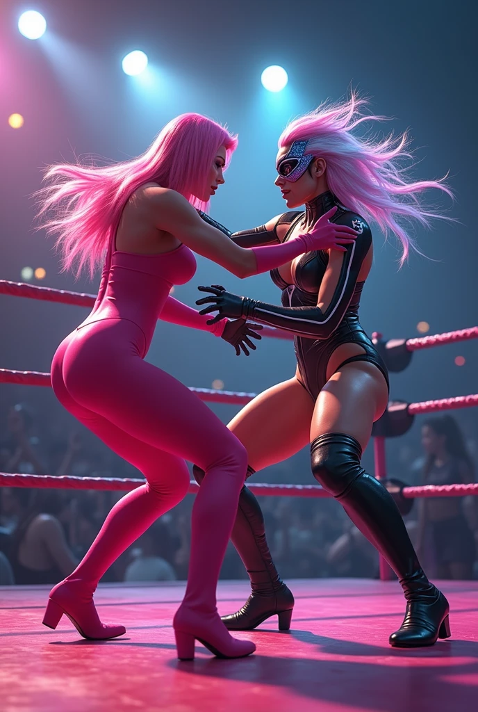 2 women wrestling each other in a wrestling ring, 1 woman Neon Vixen * Appearance: All-pink attire, straight, shoulder legnth, pink hair, big breasts, sleek and sophisticated appearance. * Character: Confident, ambitious, and a skilled businesswoman. * Abilities: Enhanced strength and agility. Can emit neon energy blasts. 1 woman The Quantum Queen * Appearance: Iridescent hair that changes color, futuristic bodysuit, holographic mask. * Character: Mysterious, enigmatic, and incredibly powerful. * Abilities: Can manipulate quantum energy, control elements, and manipulate time.