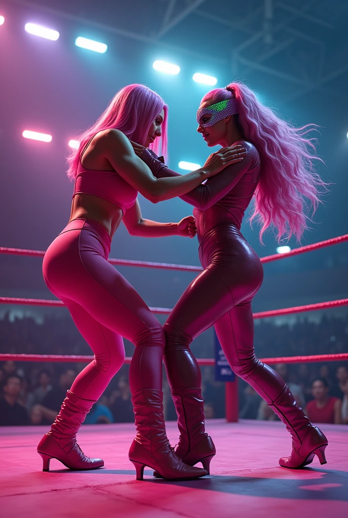 2 women wrestling each other in a wrestling ring, 1 woman Neon Vixen * Appearance: All-pink attire, straight, shoulder legnth, pink hair, big breasts, sleek and sophisticated appearance. * Character: Confident, ambitious, and a skilled businesswoman. * Abilities: Enhanced strength and agility. Can emit neon energy blasts. 1 woman The Quantum Queen * Appearance: Iridescent hair that changes color, futuristic bodysuit, holographic mask. * Character: Mysterious, enigmatic, and incredibly powerful. * Abilities: Can manipulate quantum energy, control elements, and manipulate time.