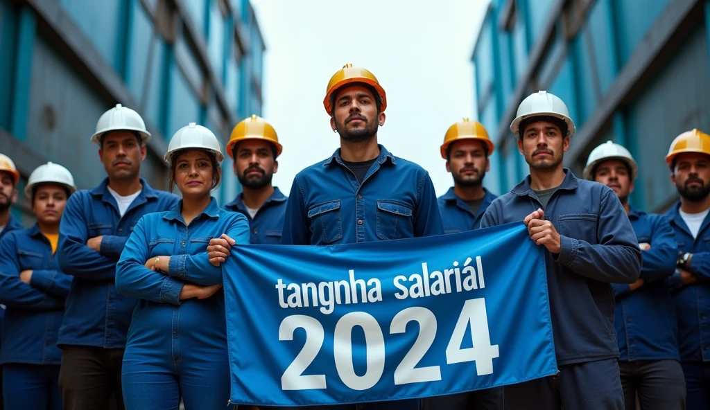 A striking depiction of Brazilian metalworkers, men and women, standing strong in front of a modern factory with large navy and light blue buildings. Dressed in blue uniforms and safety helmets, they face the camera with unwavering determination. holding a banner blue color and white text with the phrase "Campanha Salarial 2024" in Portuguese. The scene captures the spirit of unity and struggle for workers' rights.