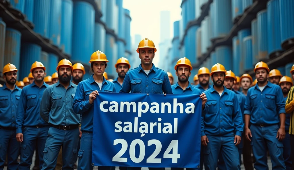 A striking depiction of Brazilian metalworkers, men and women, standing strong in front of a modern factory with large navy and light blue buildings. Dressed in blue uniforms and safety helmets, they face the camera with unwavering determination. holding a banner blue color and white text with the phrase "Campanha Salarial 2024" in Portuguese. The scene captures the spirit of unity and struggle for workers' rights.