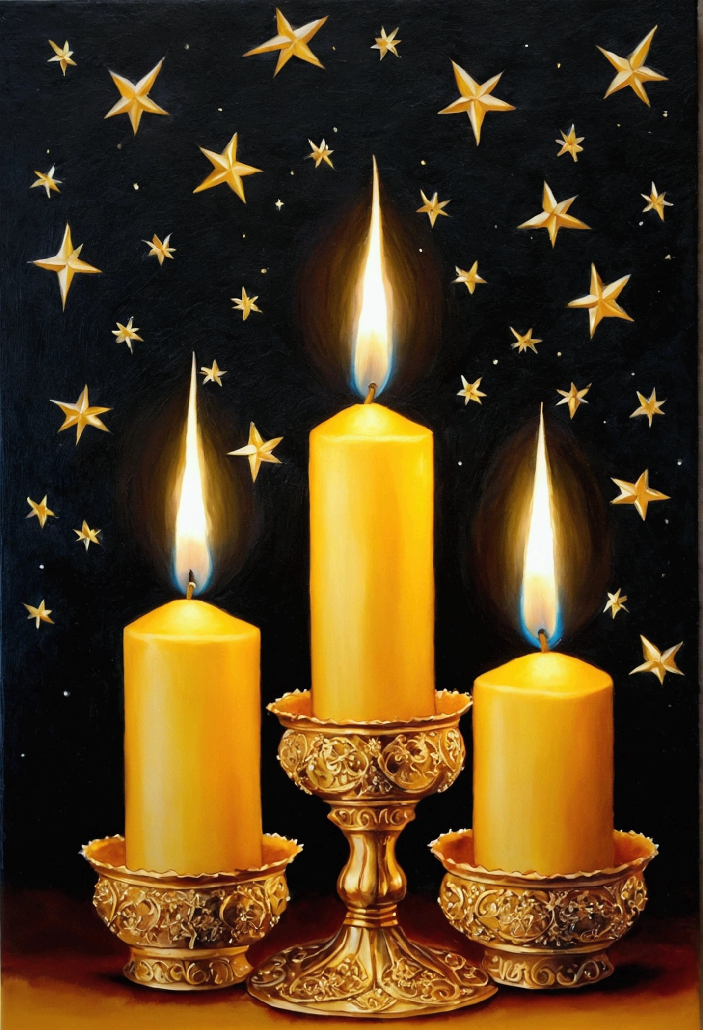 a painting of three lit velas with gold decorations and stars, por Kinuko Y. Artesanía, velas!, por Irene Lieblich, por Nene Thomas, por Irene Bache, glowing velas, velas, luces de vela, por Margit Anna, por Izidor Kršnjavi, por Eugeniusz Zak, velas. elementos barrocos, por Doris Blair