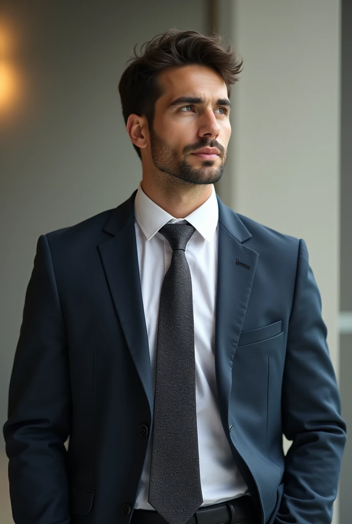 A smart 20 year old man will look ahead with a smile. The tie suit will be worn on the body. Will look front