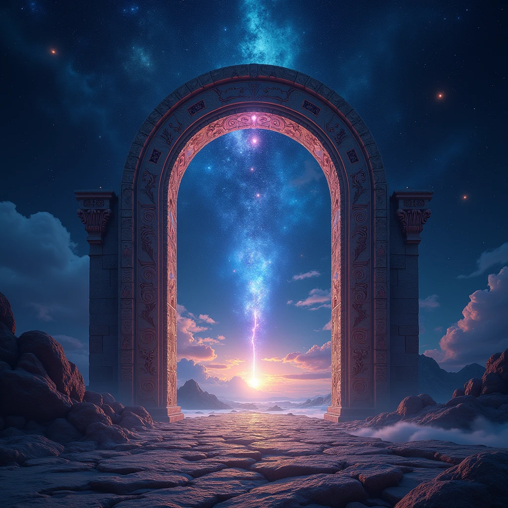 (Astral Gateway:1.3), (ancient stone archway floating in space:1.4), (cosmic energy swirling around:1.4), (vibrant star clusters in the background:1.3), (ethereal light beams:1.4), (mystical symbols glowing on the archway:1.4), (wisps of nebula clouds:1.3), (galactic horizon:1.4), (deep blues and purples with hints of gold:1.3), (highly detailed celestial environment:1.4), (otherworldly atmosphere:1.3)