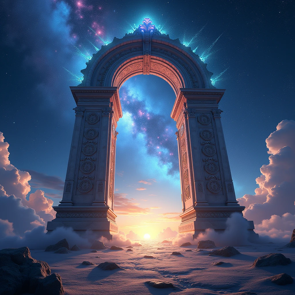 (Astral Gateway:1.3), (ancient stone archway floating in space:1.4), (cosmic energy swirling around:1.4), (vibrant star clusters in the background:1.3), (ethereal light beams:1.4), (mystical symbols glowing on the archway:1.4), (wisps of nebula clouds:1.3), (galactic horizon:1.4), (deep blues and purples with hints of gold:1.3), (highly detailed celestial environment:1.4), (otherworldly atmosphere:1.3)