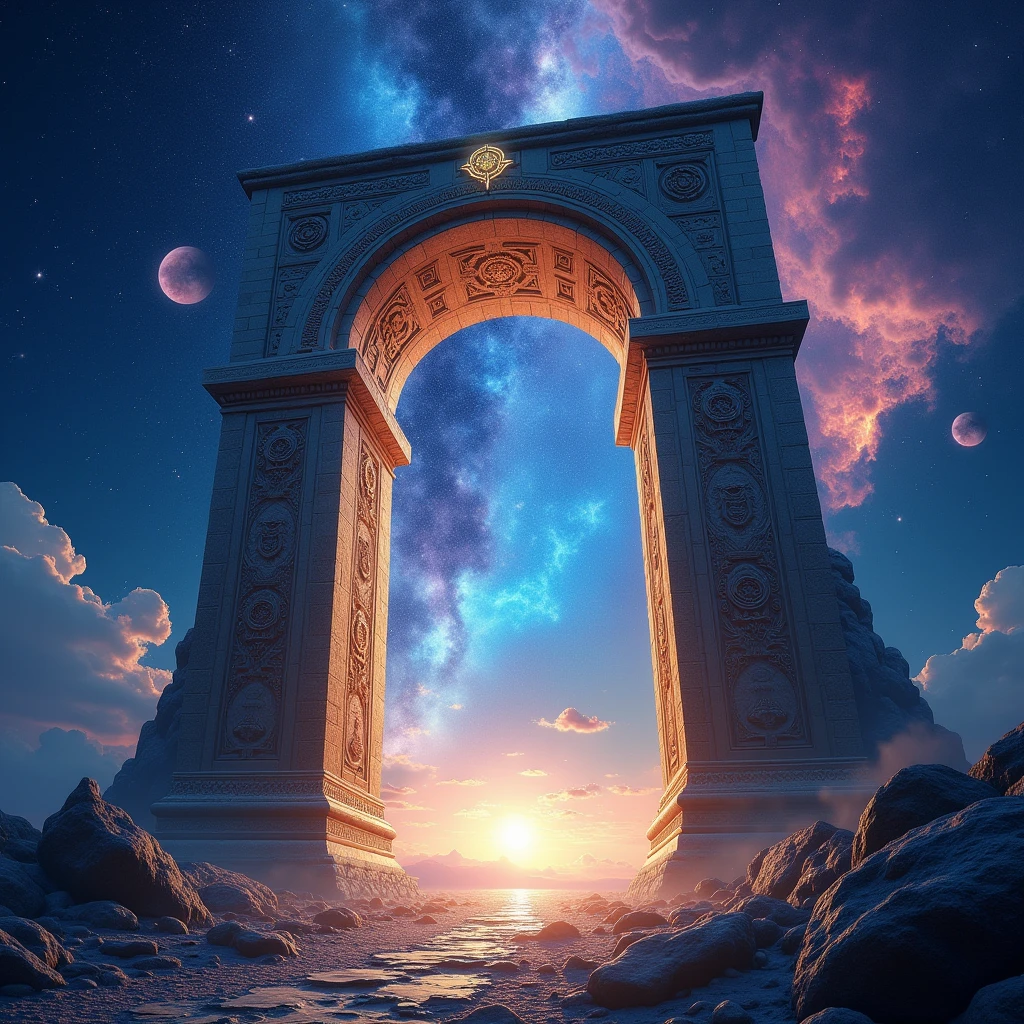 (Astral Gateway:1.3), (ancient stone archway floating in space:1.4), (cosmic energy swirling around:1.4), (vibrant star clusters in the background:1.3), (ethereal light beams:1.4), (mystical symbols glowing on the archway:1.4), (wisps of nebula clouds:1.3), (galactic horizon:1.4), (deep blues and purples with hints of gold:1.3), (highly detailed celestial environment:1.4), (otherworldly atmosphere:1.3)