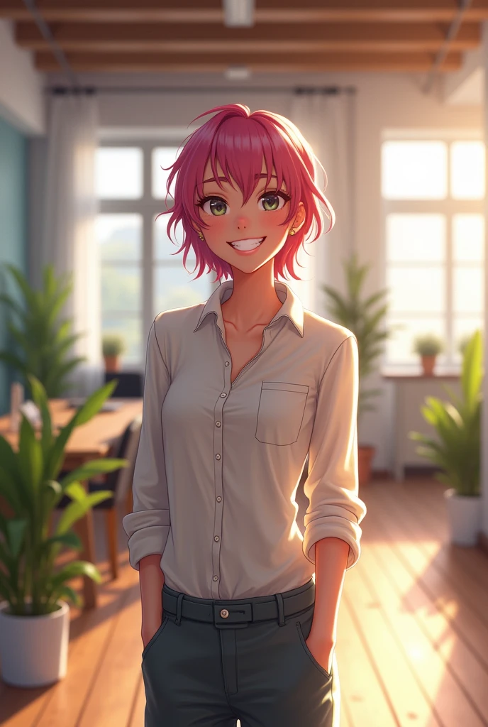 (light smile:0.8), (smile:0.5), wearing relaxed shirt and trousers, casual clothes, (looking at viewer), focused, (modern and cozy office space), design agency office, spacious and open office, Scandinavian design space BREAK detailed, natural light while eyes dark pink hair