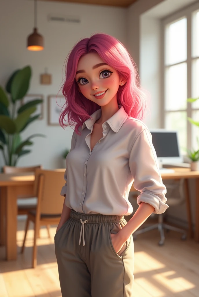 (light smile:0.8), (smile:0.5), wearing relaxed shirt and trousers, casual clothes, (looking at viewer), focused, (modern and cozy office space), design agency office, spacious and open office, Scandinavian design space BREAK detailed, natural light while eyes dark pink hair 