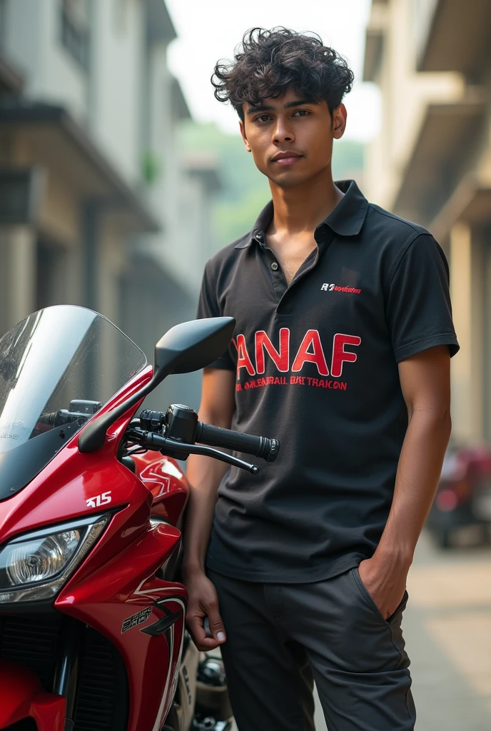একটা R15 বাইক নিয়ে দাড়ানো ছেলে তার শার্টে Anaf লেখা থাকবে এবং মেয়ে টার Mita লেখা থাকবে