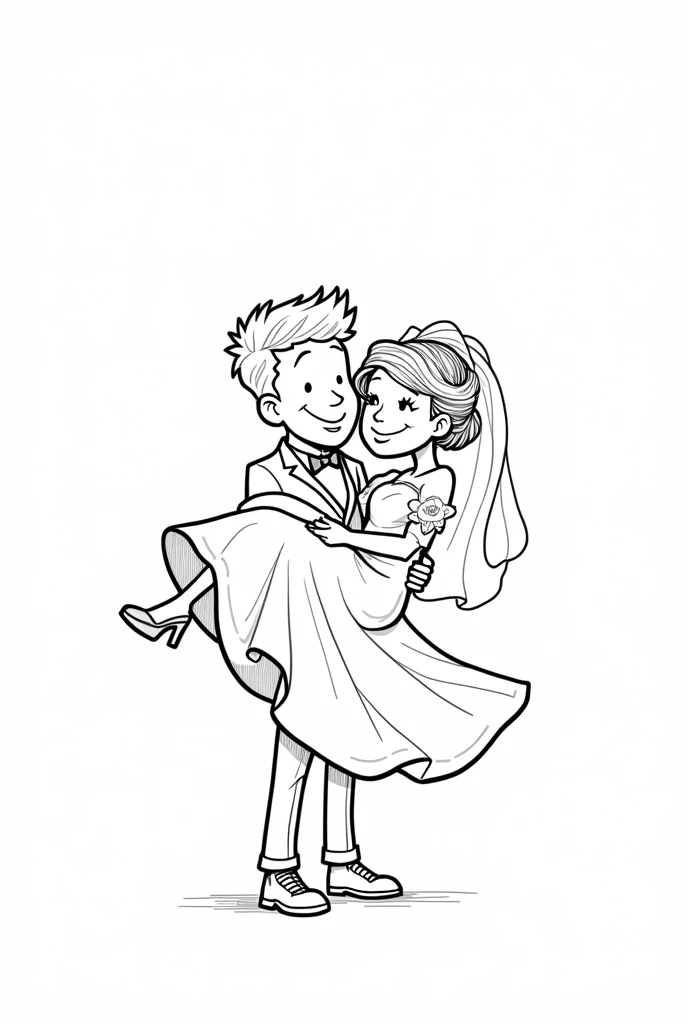 A line art for a children's coloring book with a wedding theme, of the groom carrying the bride in his arms in Pixar style