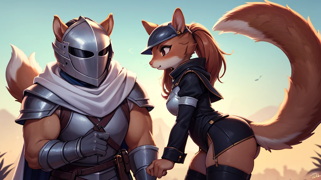 female squirrel in knight costume with helmet, fluffy tail