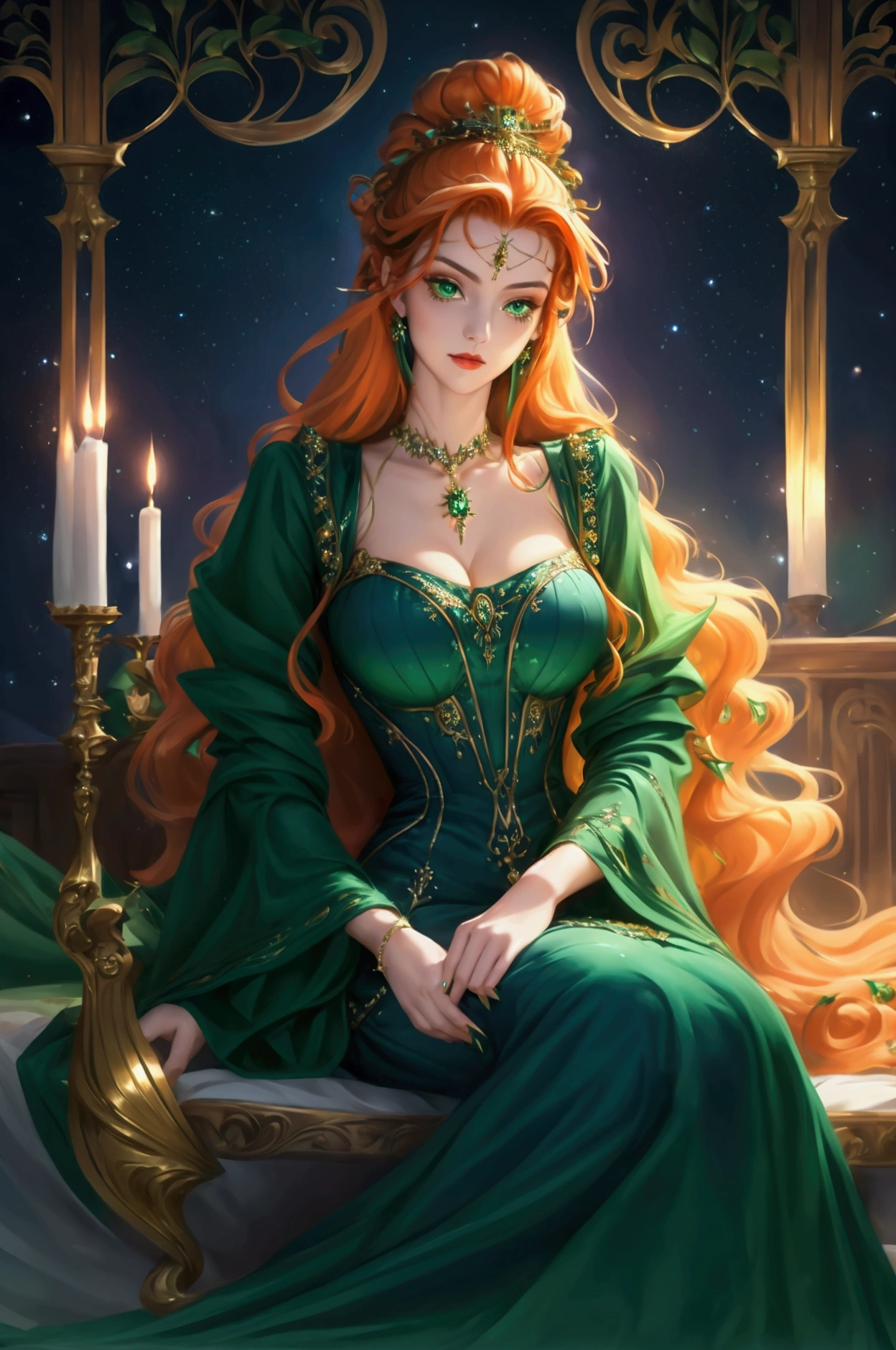 beautiful woman, 20 years old,Long orange wavy hair pulled back with jeweled hairpins, deep green eyes, Victorian navy blue dress with rhinestones, proud expression