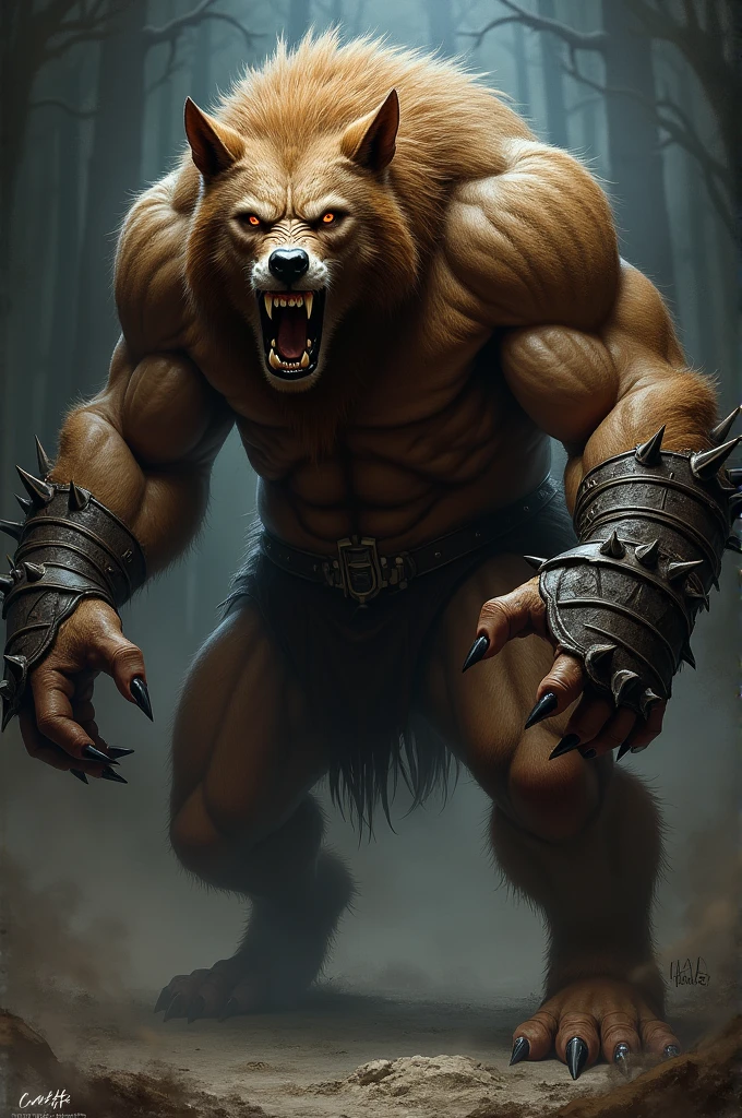 A bulky werewolf with brownish fur, angry and menacing honey colored eyes, wearing gauntlets ons his fists.