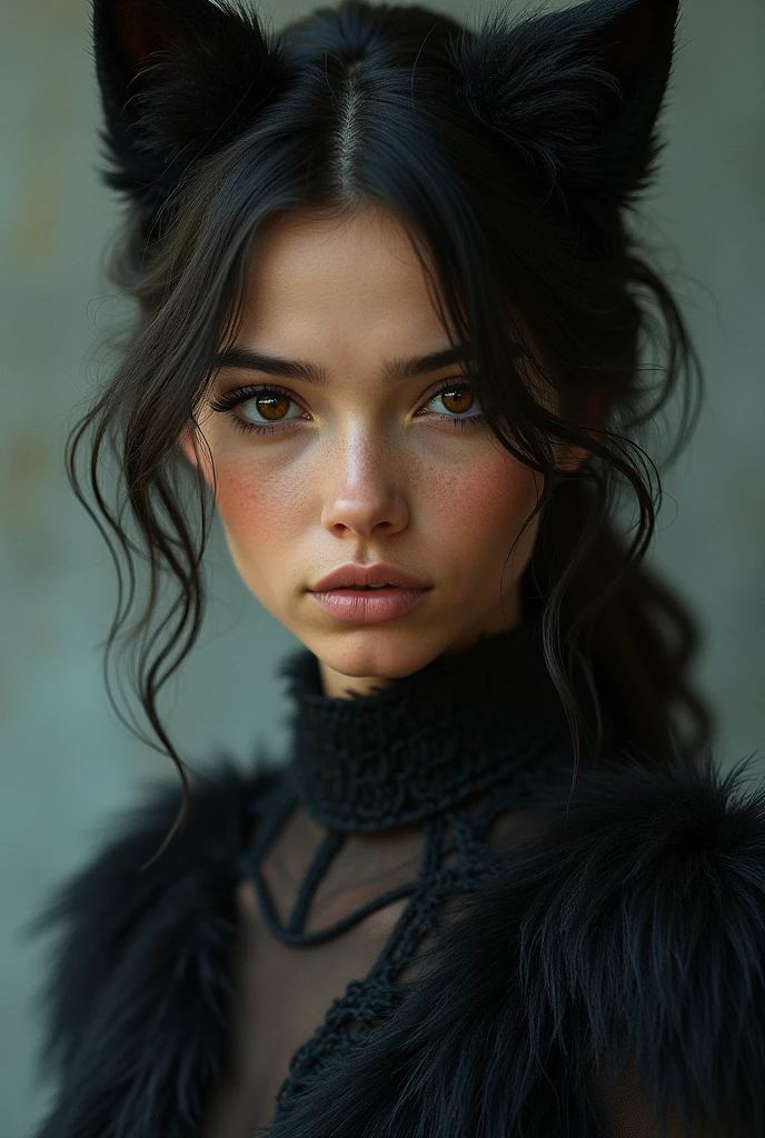 A tanned brunette girl, dark brown eyes, black fur, of 18 years