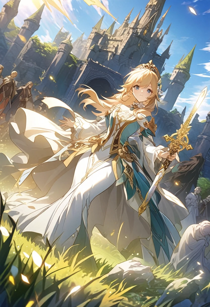 Animagine XL, anime, genshin, detailed illustration, dynamic angle, ultra-detailed, illustration, beautiful illustration, elegant illustration, human, 1girl, princess, sword, holy, spirits, ancestors, castle, blue sky, green grass, marble statues