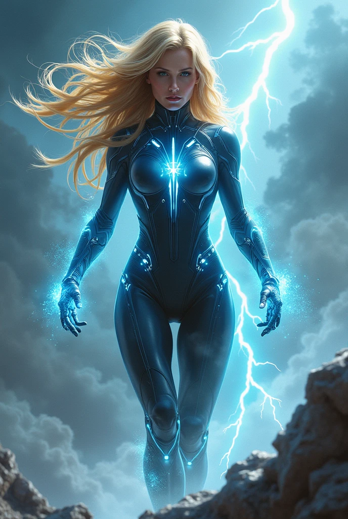 A weather-controlling superheroine with blonde hair and a suit keeping her safe