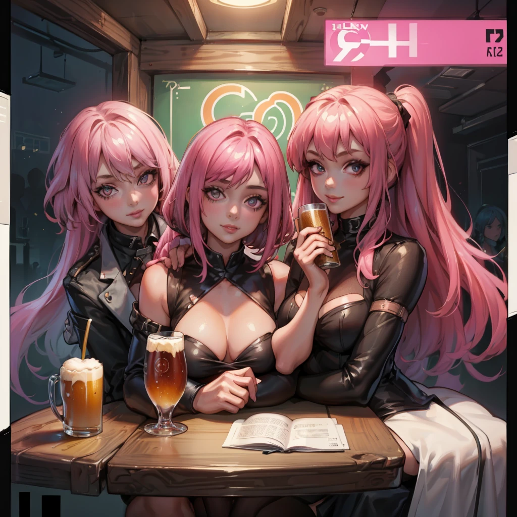 masterpiece, best quality, ((3 girls)), ((multiple women)), ((sitting beside girls)), sitting, ((club background)), pink hair, knowing look, smile, sultry eyes, trendy outfit, ((directly across from viewer)), ((table in front)), table, mug, beer, ((booth seating))