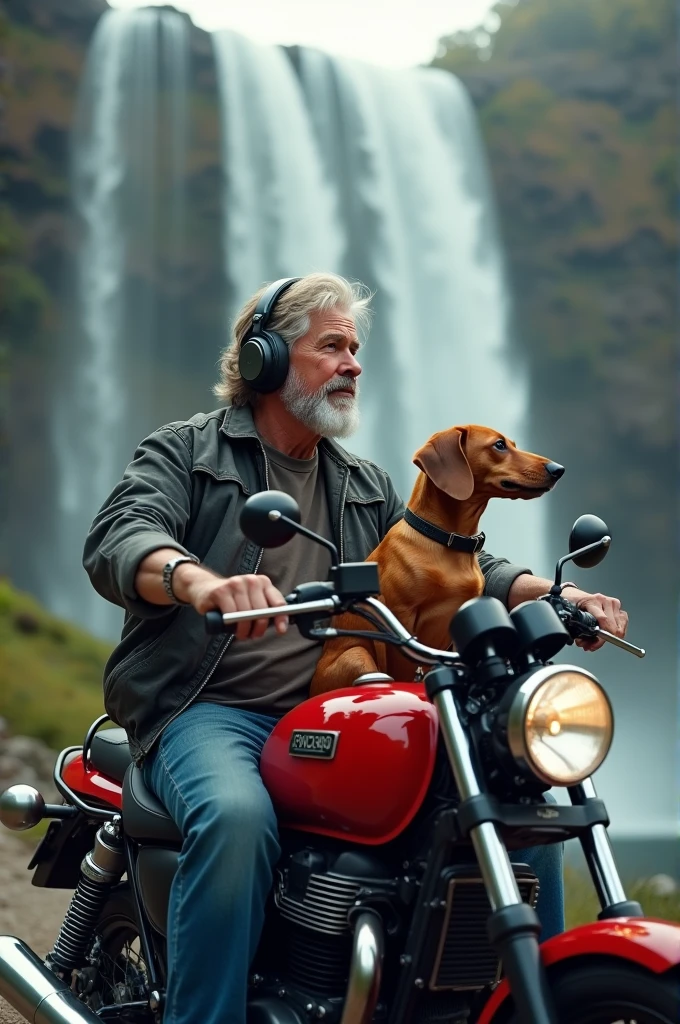I am a stocky middle-aged man and my furry caramel dachshund dog on top of the red motorcycle enjoying the sea listening to music on Bluetooth headphones facing the waterfall 