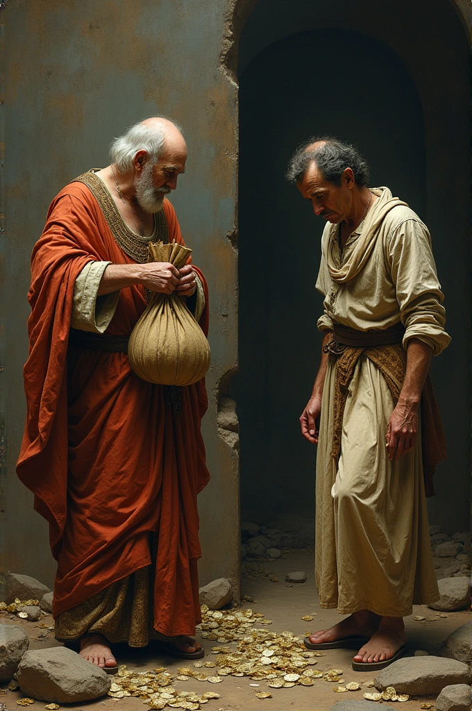 An artistic depiction of Proverbs 22:16, showing a contrast between wealth and poverty. On one side of the image, a wealthy person in fine clothing is depicted oppressing the poor, holding a bag of money tightly. On the other side, a poor person in simple, worn-out clothing is shown, looking downcast but resilient. The background is divided, with one side depicting luxury and excess, while the other shows hardship and need. Above the image, the text of Proverbs 22:16 is written in elegant, clear font: 'Whoever oppresses the poor for his own increase and whoever gives to the rich, both come to poverty.' The overall tone of the graphic is solemn, emphasizing the moral and spiritual consequences of such actions."
