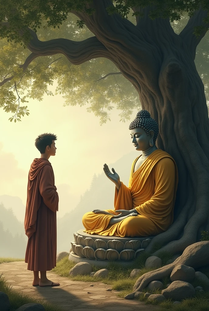 "A heartfelt scene where the young man is approaching Buddha with a respectful posture. Buddha is depicted with a calm and compassionate expression, seated under a tree or in a peaceful setting, listening to the young man’s plea."