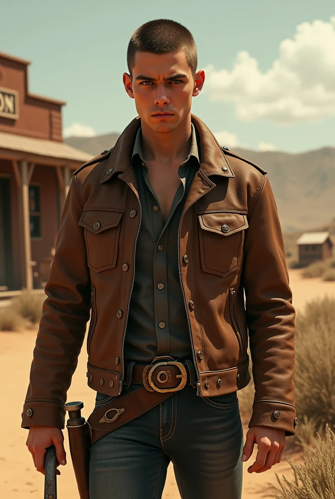 "Very young person of 23 without beard with leather jacket, holding a knife in his hand, in a classic Wild West setting. Short hair parted in the middle, clean face without beard, Striking features. Arid and dusty background, with rolling weeds and a saloon in the distance."