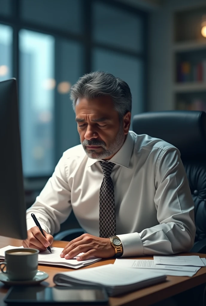 Vijay, a middle-aged man with a focused expression, working diligently at his desk in a modern office environment. The desk should have papers, a computer, and a cup of coffee. His office attire is neat, symbolizing his commitment and hard work.