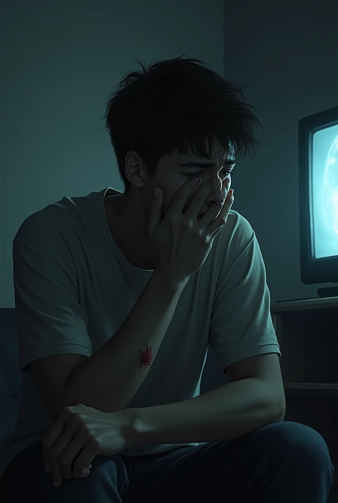 Young man with cuts on his arm crying in a dark room with a television on