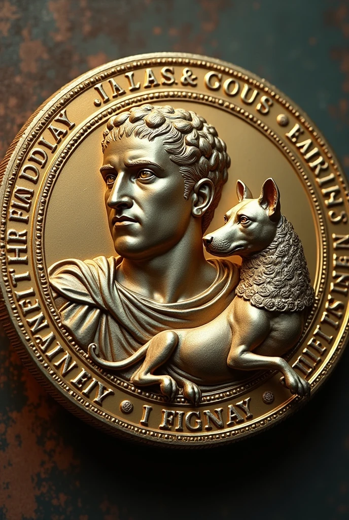 create a coin of juilio sezar in the roman empire, with one side of the mill being the face of Julio Sezar and the other with two dogs