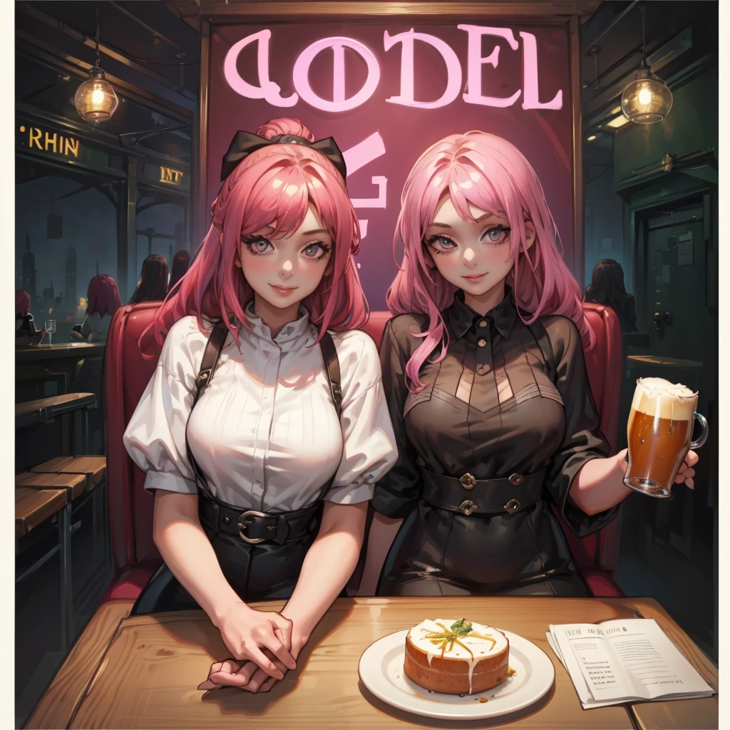 masterpiece, best quality, ((3 girls)), ((multiple women)), ((sitting beside girls)), sitting, ((club background)), pink hair, knowing look, smile, sultry eyes, trendy outfit, ((directly across from viewer)), ((table in front)), table, mug, beer, ((booth seating))