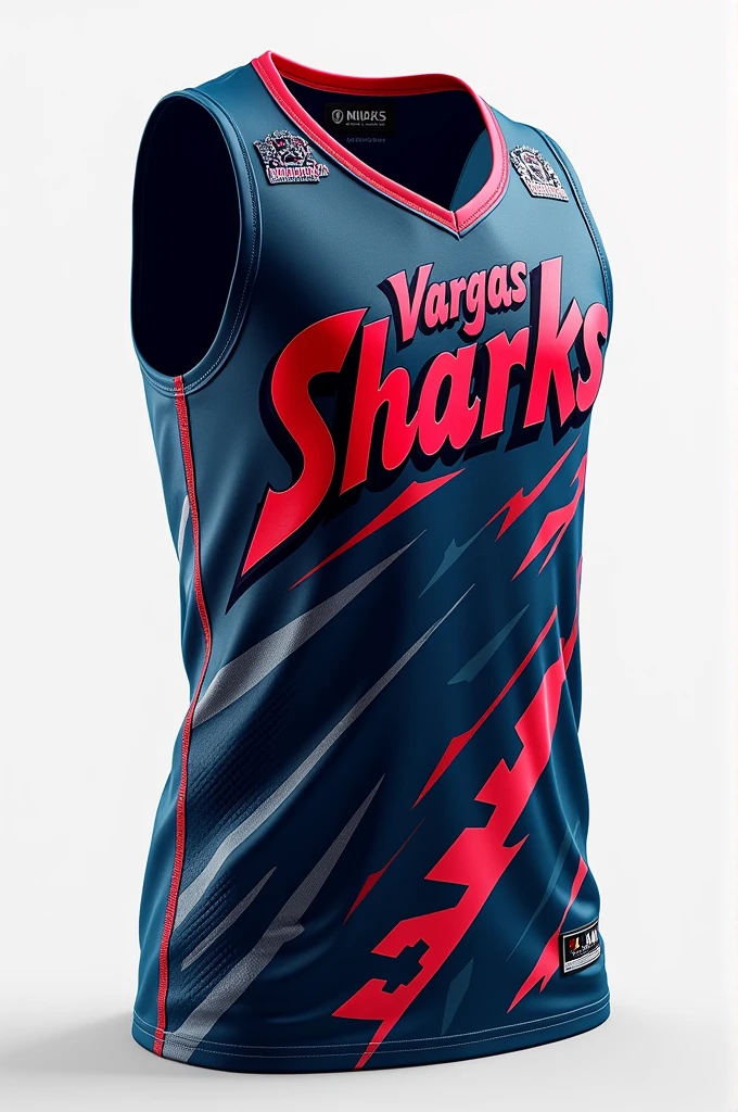 Create a basketball uniform with the name of Vargas sharks in red and very artistic