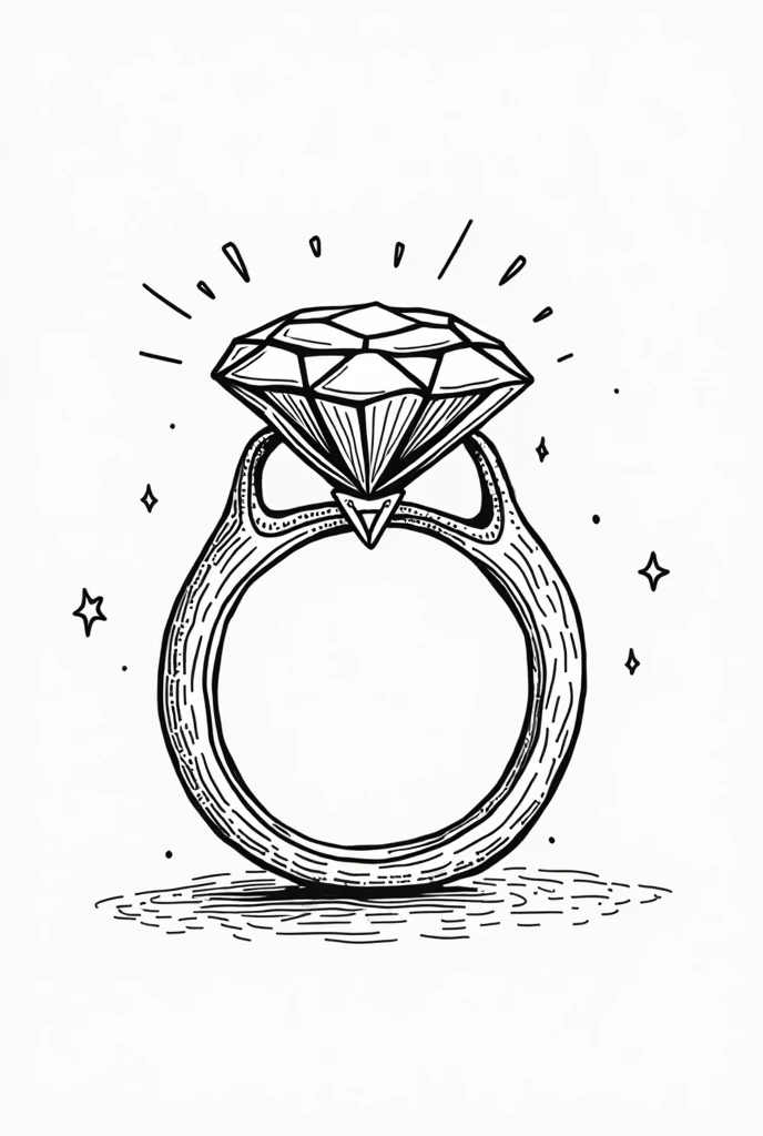 A line art for a children's coloring book with a wedding theme, of a diamond wedding ring full of details in Pixar style