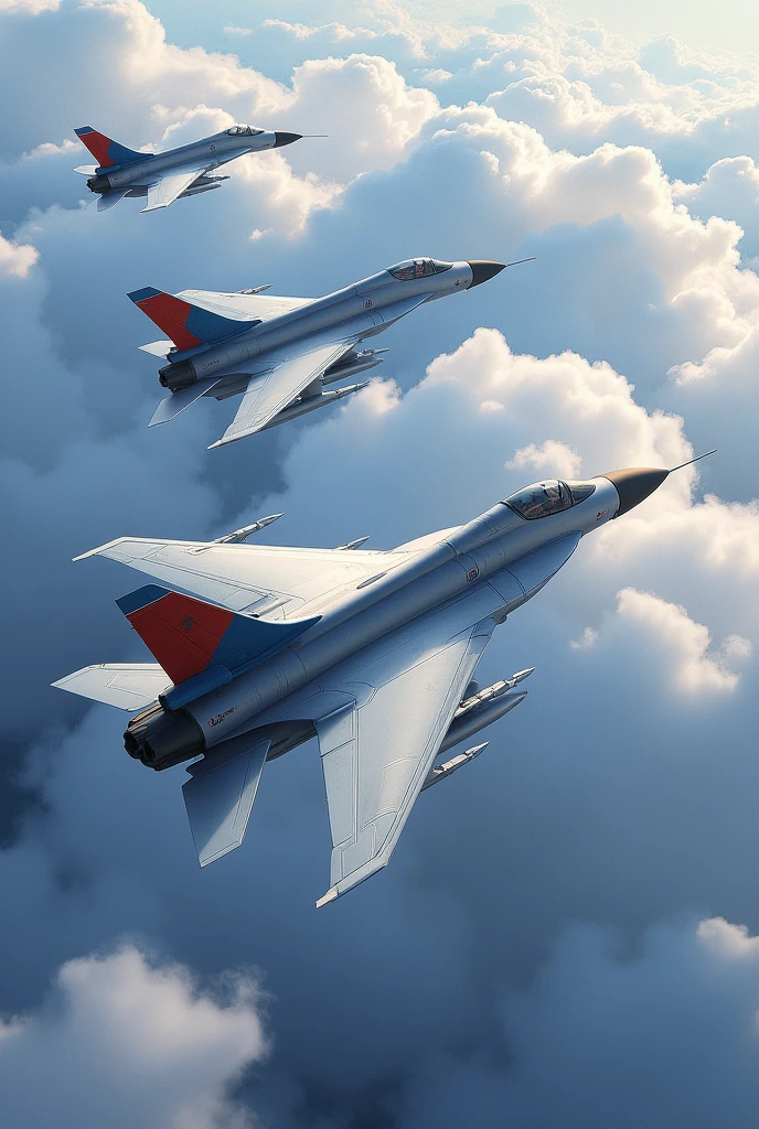 Create an art piece where three Belarusian military fighters are flying in the sky (their flag is white-red-white, it consists of three horizontal equal stripes - white, red and white, with a width ratio), they are flying over beautiful clouds.