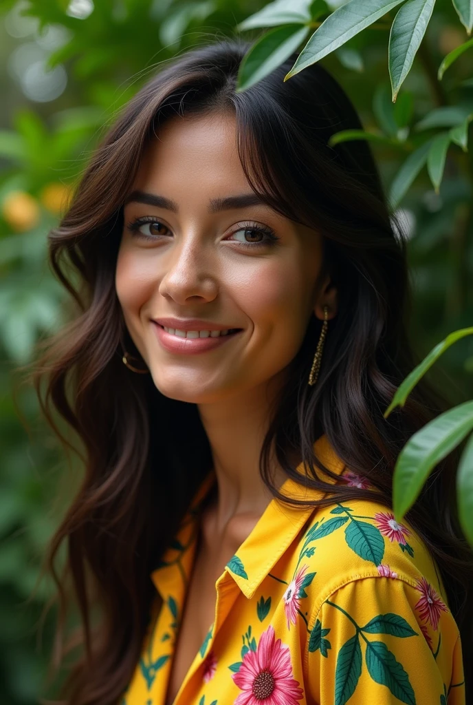 A Brazilian woman in a lush tropical garden, wearing an open shirt with a floral print, with a close-up capturing the harmonious beauty between her breasts and the natural flowers, showing off your natural charm and outgoing personality.