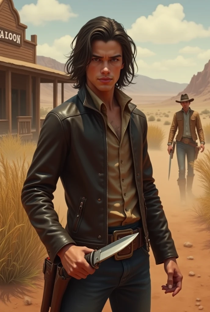 "Very young person of 23 without beard with leather jacket, holding a knife in his hand, in a classic Wild West setting. Medium hair parted in the middle, clean face without beard, Striking features. Arid and dusty background, with rolling weeds and a saloon in the distance."