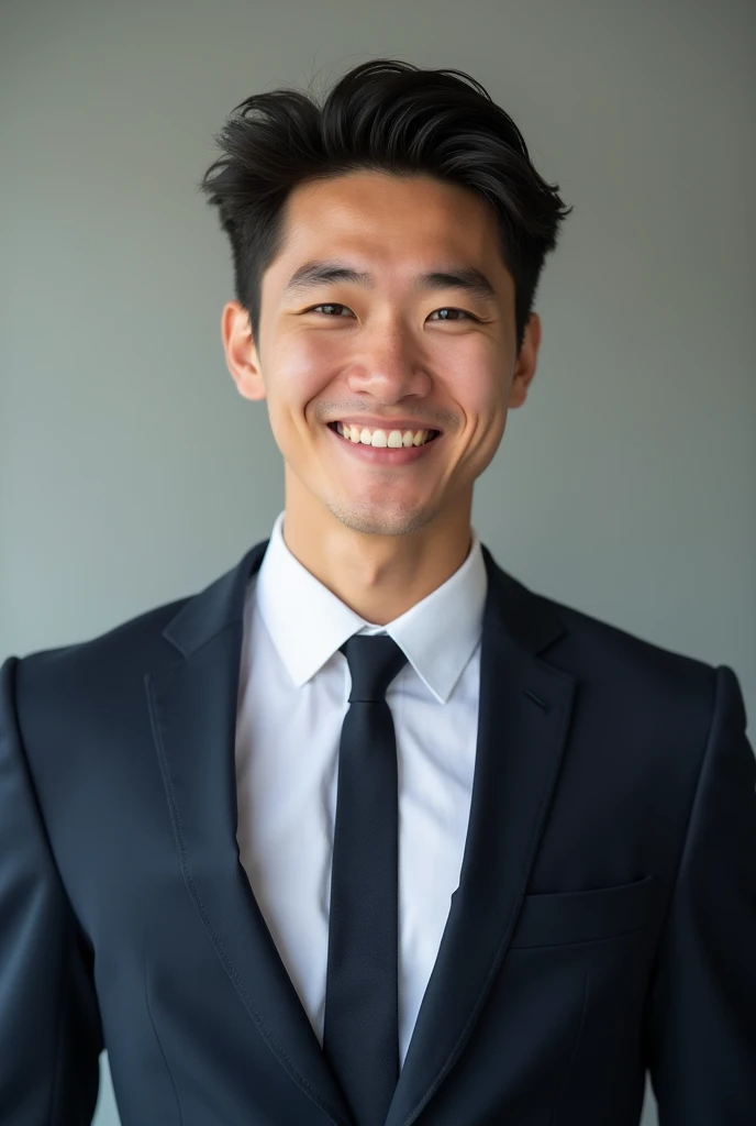 A smart 20 year old man will smile. The tie suit will be worn on the body. Will look front