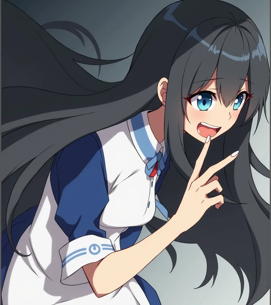 ((masterpiece)), aerial view, Sunset, ((pastel colors)), Ultra detailed, Anime girl with long black hair and blue eyes pointing at something, inspired by Alice Prin, Kage Kage Mamoru anime art style!, picture of ((mischievous)), Alicia from Alicia in wonder land, Alicia's sister, (((evil smile)))