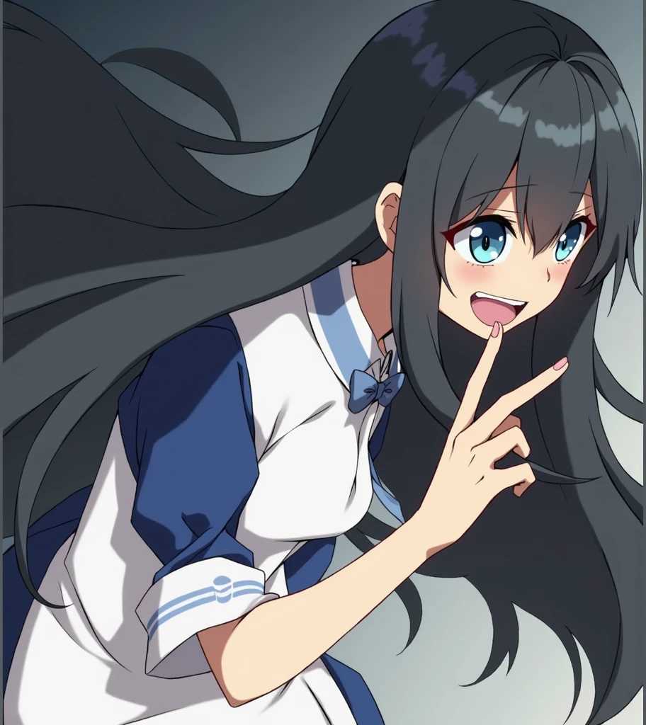 ((masterpiece)), aerial view, Sunset, ((pastel colors)), Ultra detailed, Anime girl with long black hair and blue eyes pointing at something, inspired by Alice Prin, Kage Kage Mamoru anime art style!, picture of ((mischievous)), Alicia from Alicia in wonder land, Alicia's sister, (((evil smile)))