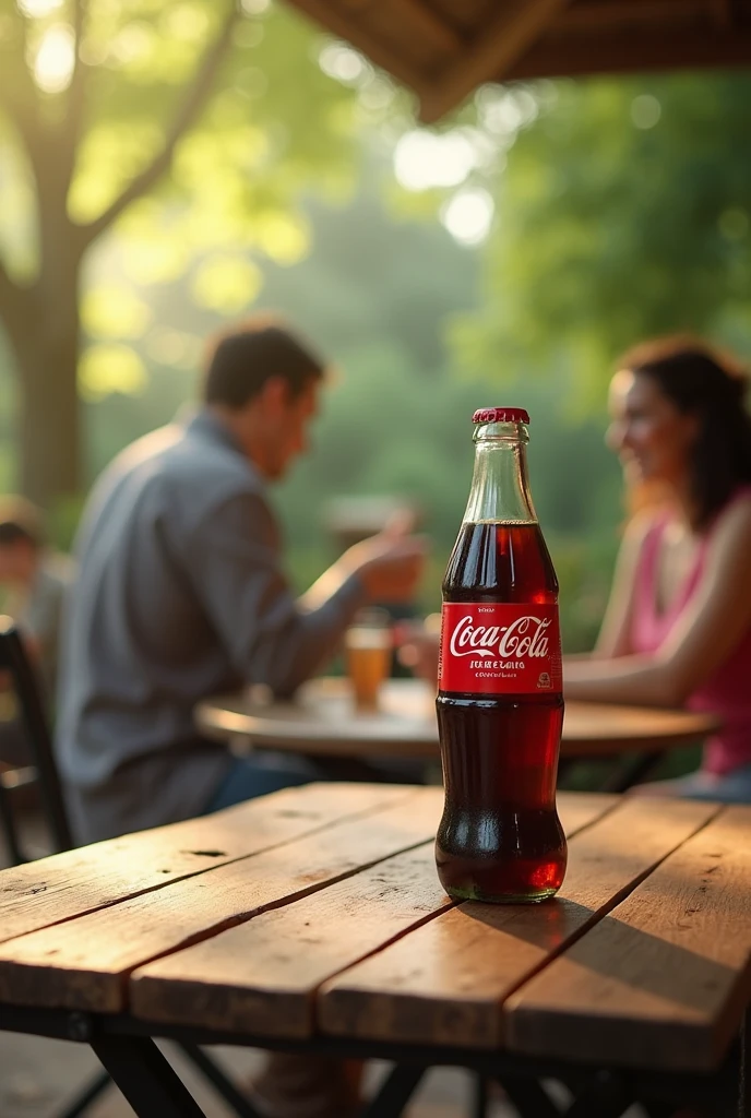 Create an image of a 2 liter Coca-Cola placed on a nice wooden table outdoors with people in the background that will also be blurred.
Let the bottle be on the side of the image, not in the middle.
