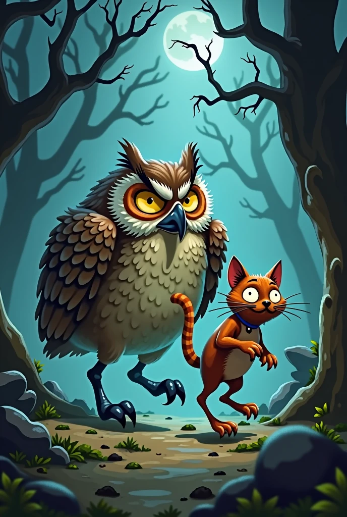 stupid fat owl chasing a smart cat and scary