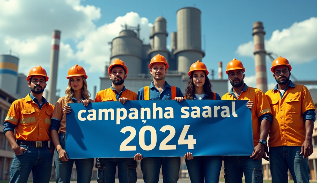 A striking depiction of Brazilian metalworkers, men and women, standing strong in front of a modern factory with large buildings. Dressed in uniforms and safety helmets, they face the camera with unwavering determination. holding a blue and white text banner with the phrase "Campanha Salarial 2024" in Portuguese. The scene captures the spirit of unity and struggle for workers' rights.