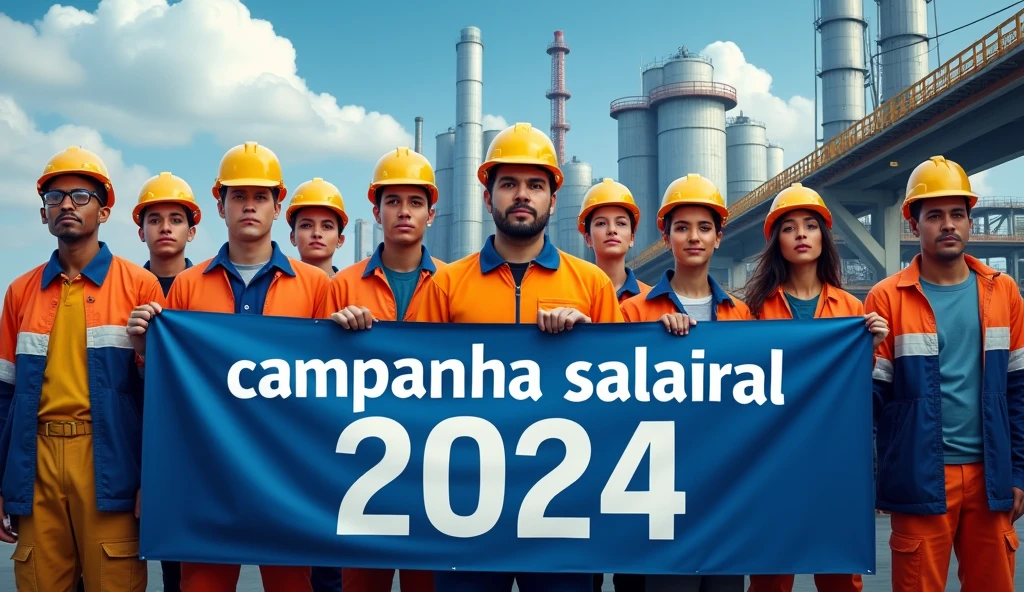 A striking depiction of Brazilian metalworkers, men and women, standing strong in front of a modern factory with large buildings. Dressed in uniforms and safety helmets, they face the camera with unwavering determination. holding a blue and white text banner with the phrase "Campanha Salarial 2024" in Portuguese. The scene captures the spirit of unity and struggle for workers' rights.