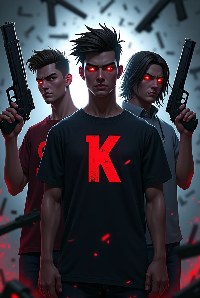 Gamer logo of three people with weapons and initials on their shirts (s)the other one (k) y the other one (D) that the background is horror that one is dark the other white and the other with long hair that they are men with the initials on the shirt one with the (s) the other with the (k) and the long-haired one with the(D) a little animated that the person who has the letter k is black and the other two are all light skinned that none of them have anger that the background has weapons and pistols