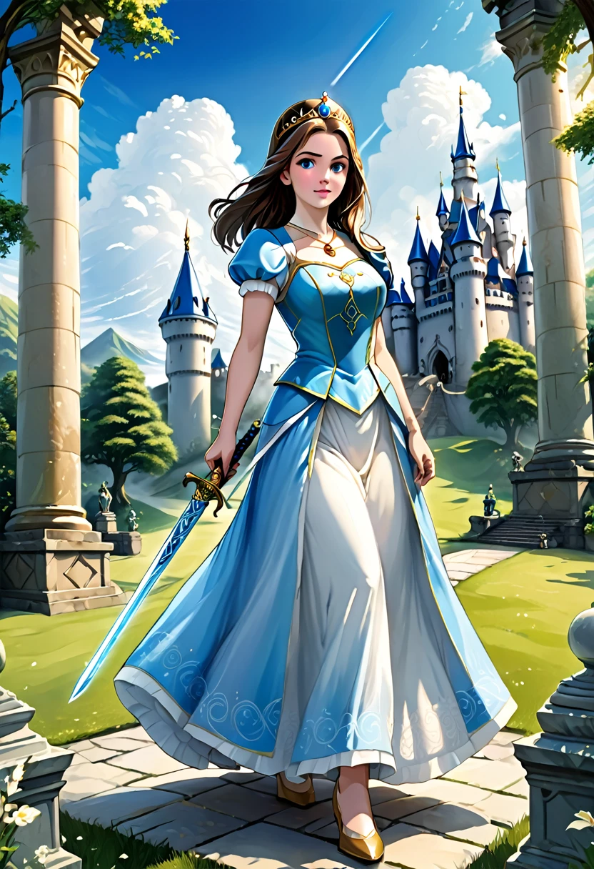 detailed illustration, dynamic angle, ultra-detailed, illustration, beautiful illustration, elegant illustration, human, 1girl, princess, sword, holy, spirits, ancestors, castle, blue sky, green grass, marble statues