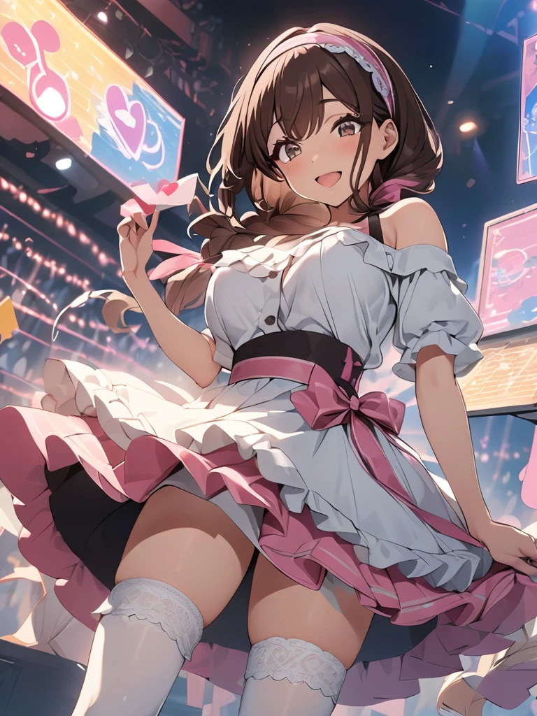 (anime screencap:1.2), masterpiece, best quality, ultra detailed 8k, (cute girl with one braid:1.2), (dark brown hair, (low ponytail, one braid), braid with ribbon), , light brown eyes, droopy eyes, glasses, smile, open mouth, large breasts, (spoken musical symbols:1.2), many hearts, giving hearts at viewer, 
BREAK 
(white off-shoulder blouse, frilled hem), (headband with big pink ribbon), (pink multi layered skirt, frilled hem, fluffy panniers), (white lace thigh high stockings, pink side ribbon), microphone, floating musical scores, colorful musical score on background