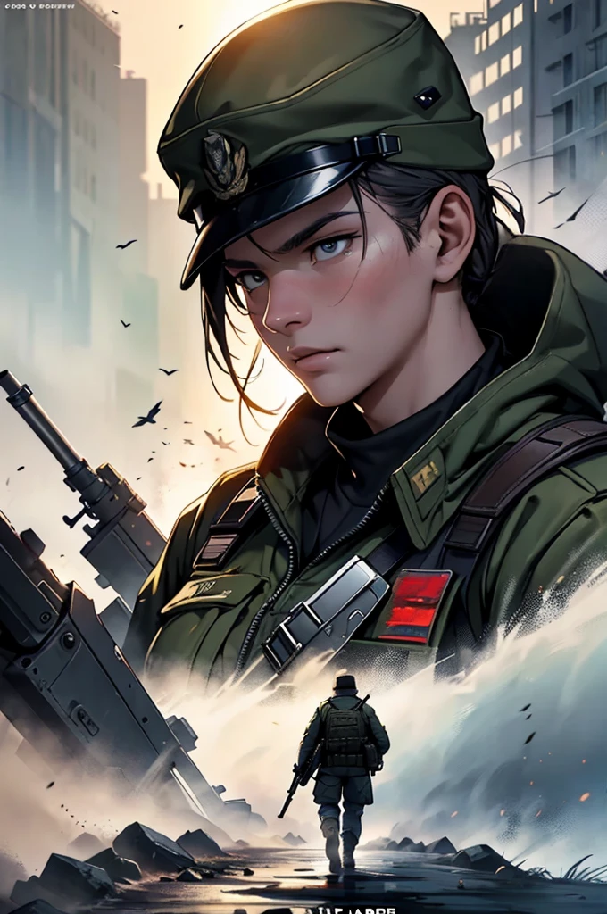 anime character in military uniform with rifle in city, Very detailed ultra-HD art, a man in military uniform walks with a rifle, battlefields, Game poster, soldier, Battlefield, combat helicopter in the background, war art, war zone background, Military recruitment poster, фон battlefields, Game cover, HQ 4K Phone Wallpaper, Epic propaganda poster, Game promotional poster, Modern warfare, High quality wallpaper, HD works, wallpaper for mobile phone