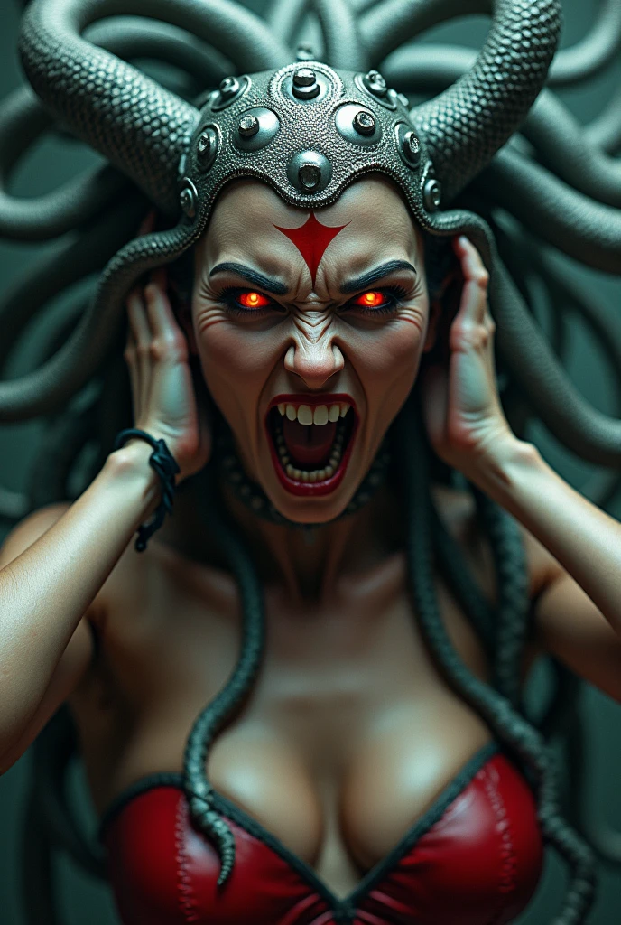 Greek mythology the snake woman Medusa snakes on her head Silver colored metal diaema with a red star on her forehead (((Wonder Woman Red Leather Corset Costume))),(((Scary and terrifying images this woman is screaming silver metal bracelets))),(((Red snake eyes))),(((Fangs)))